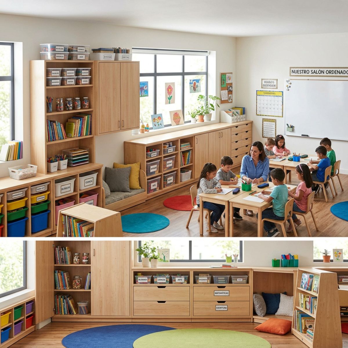 Muebles de almacenaje para organizar el material en el aula escolar